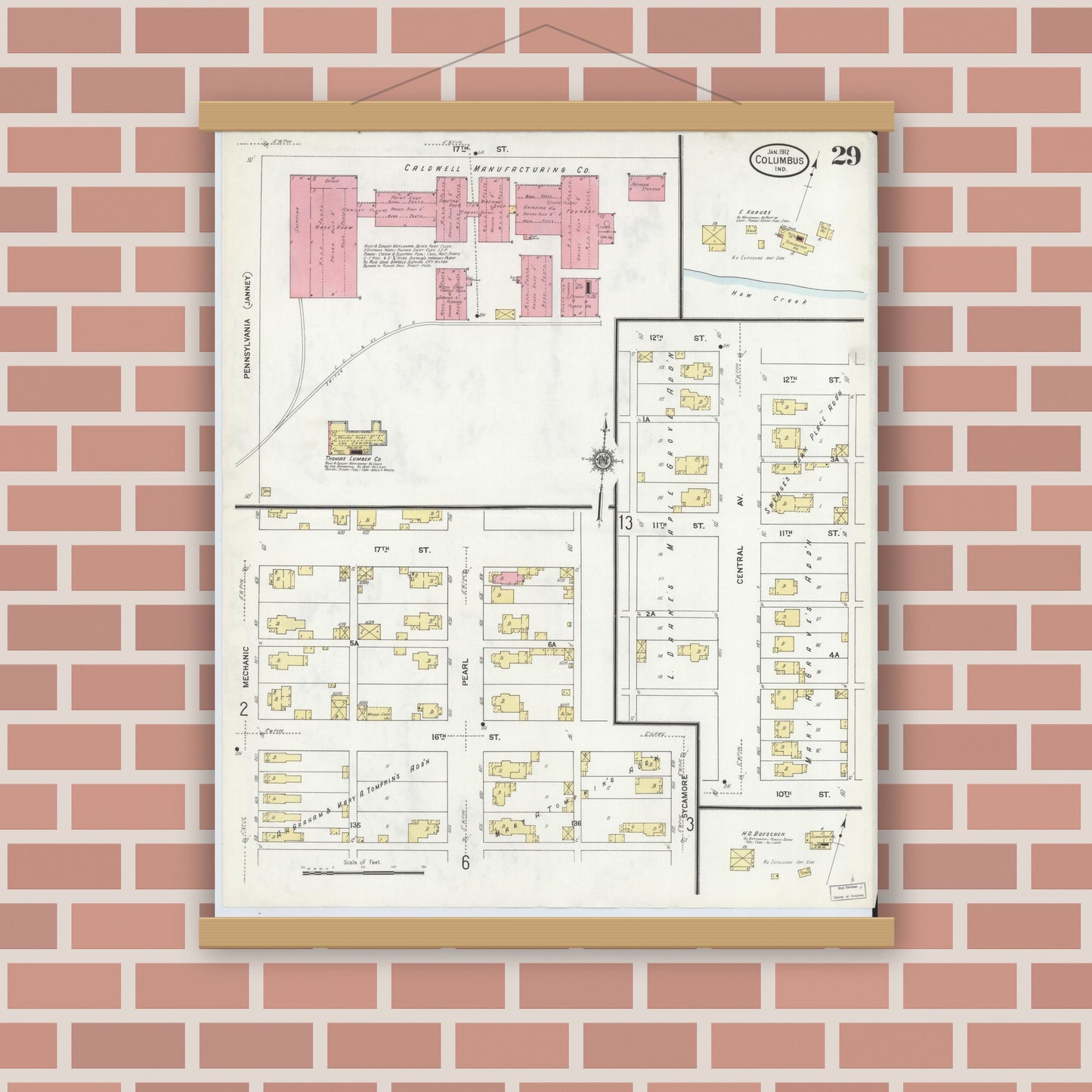 Old map wall art mockup — magnetic wood frame on brick wall — Sanborn Fire Insurance Map from Columbus, Bartholomew County, Indiana (1912), Sheet #0029