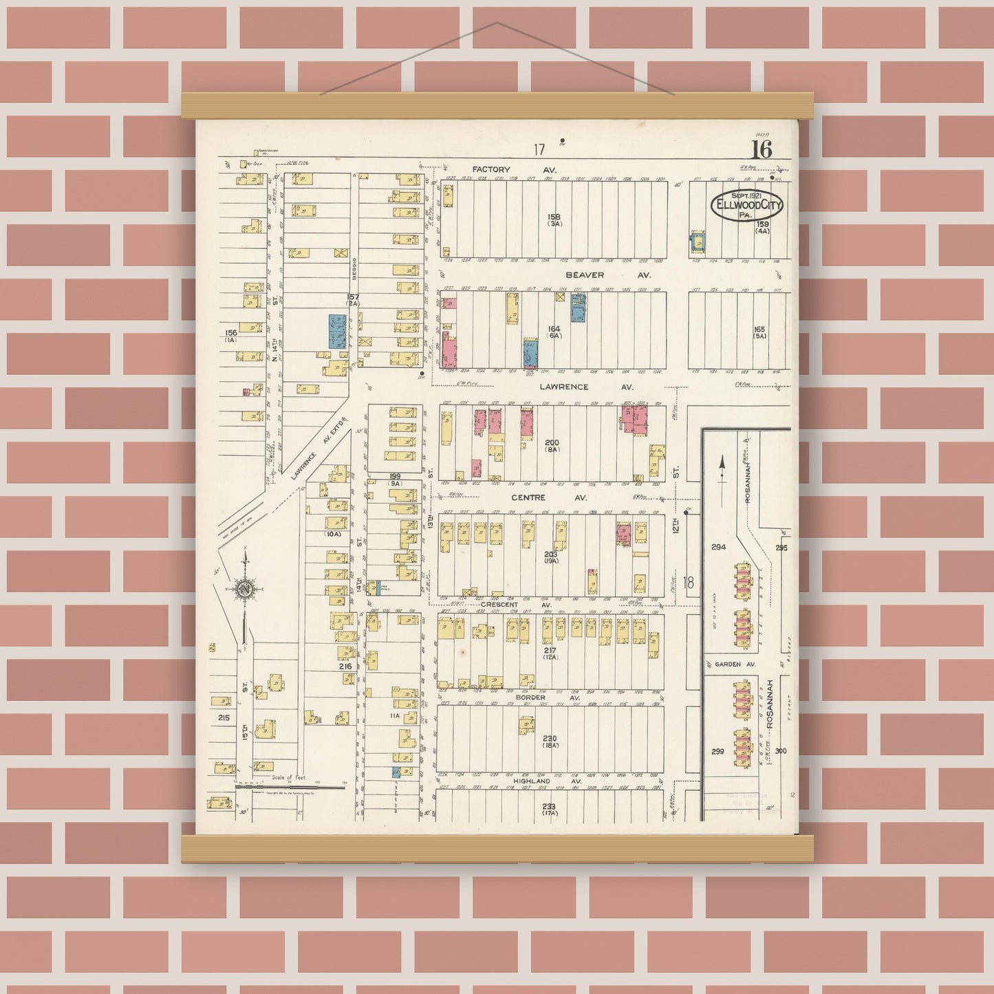 Old map wall art mockup — magnetic wood frame on brick wall — Sanborn Fire Insurance Map from Ellwood City, Lawrence County, Pennsylvania (1921), Sheet #0016