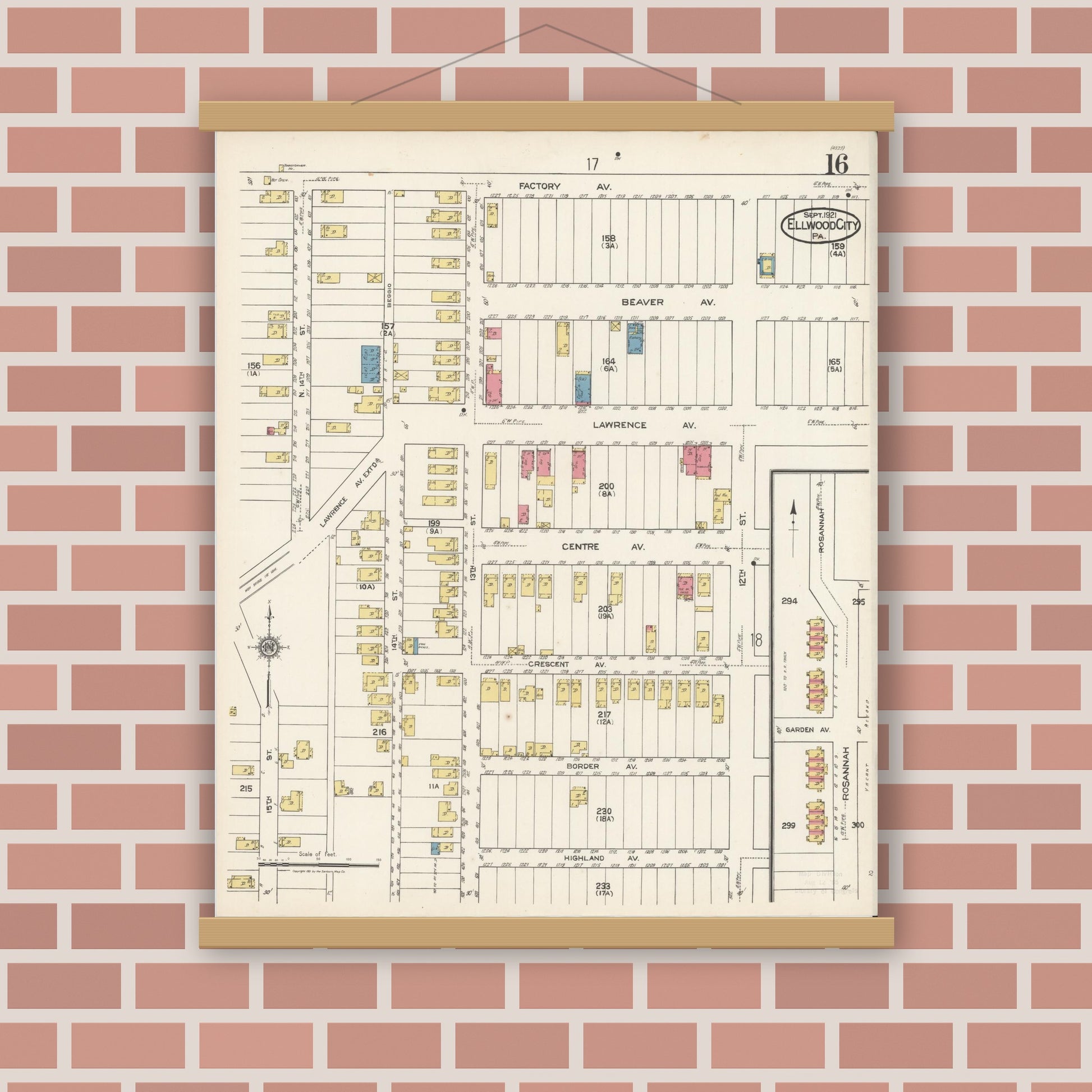 Old map wall art mockup — magnetic wood frame on brick wall — Sanborn Fire Insurance Map from Ellwood City, Lawrence County, Pennsylvania (1921), Sheet #0016