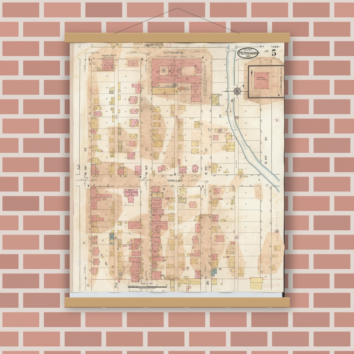 Old map wall art mockup — magnetic wood frame on brick wall — Sanborn Fire Insurance Map from Hermann, Gasconade County, Missouri (1932), Sheet #0005