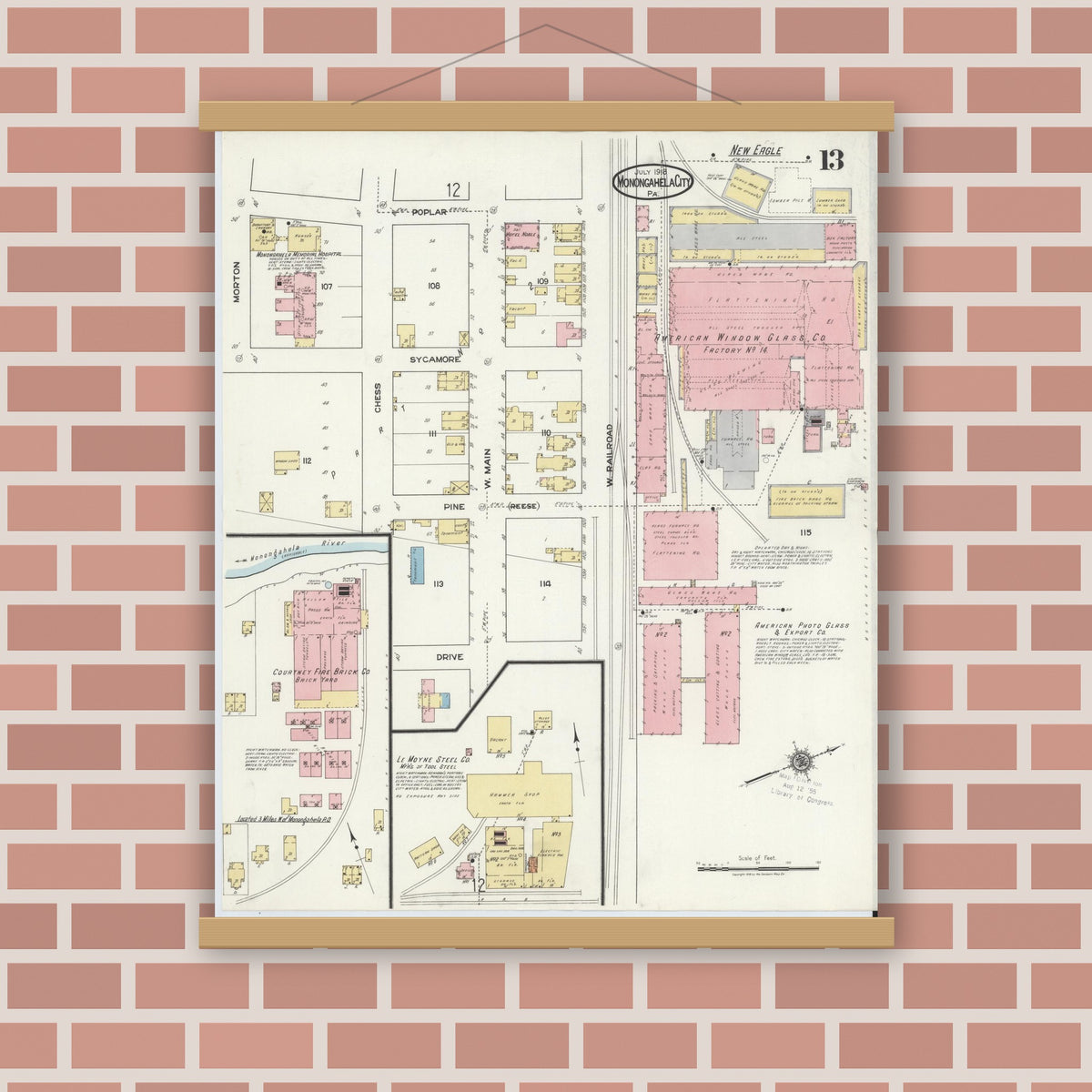 Old map wall art mockup — magnetic wood frame on brick wall — Sanborn Fire Insurance Map from Monongahela City, Washington County, Pennsylvania (1918), Sheet #0013
