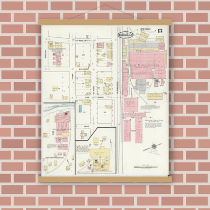 Old map wall art mockup — magnetic wood frame on brick wall — Sanborn Fire Insurance Map from Monongahela City, Washington County, Pennsylvania (1918), Sheet #0013