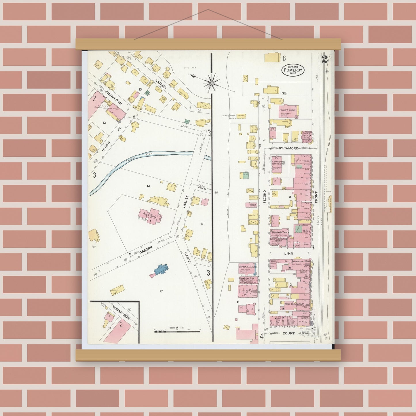 Old map wall art mockup — magnetic wood frame on brick wall — Sanborn Fire Insurance Map from Pomeroy, Meigs County, Ohio (1908), Sheet #0002