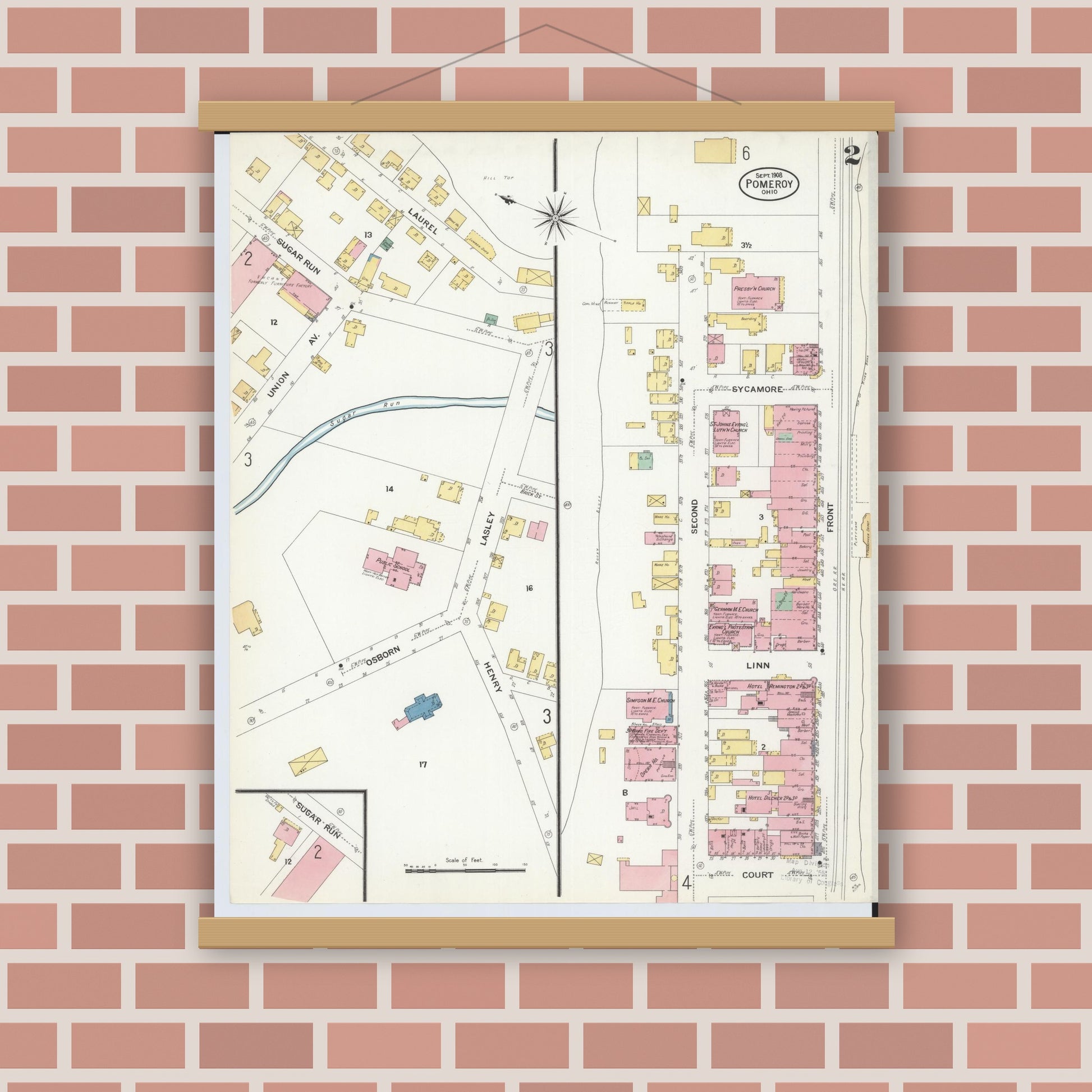 Old map wall art mockup — magnetic wood frame on brick wall — Sanborn Fire Insurance Map from Pomeroy, Meigs County, Ohio (1908), Sheet #0002
