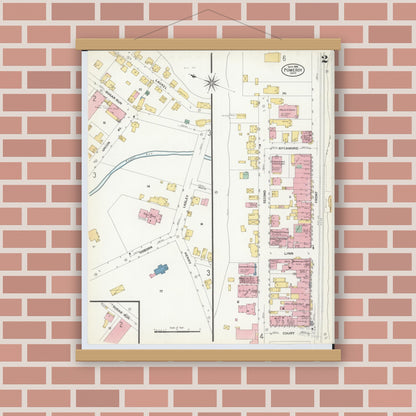 Old map wall art mockup — magnetic wood frame on brick wall — Sanborn Fire Insurance Map from Pomeroy, Meigs County, Ohio (1908), Sheet #0002