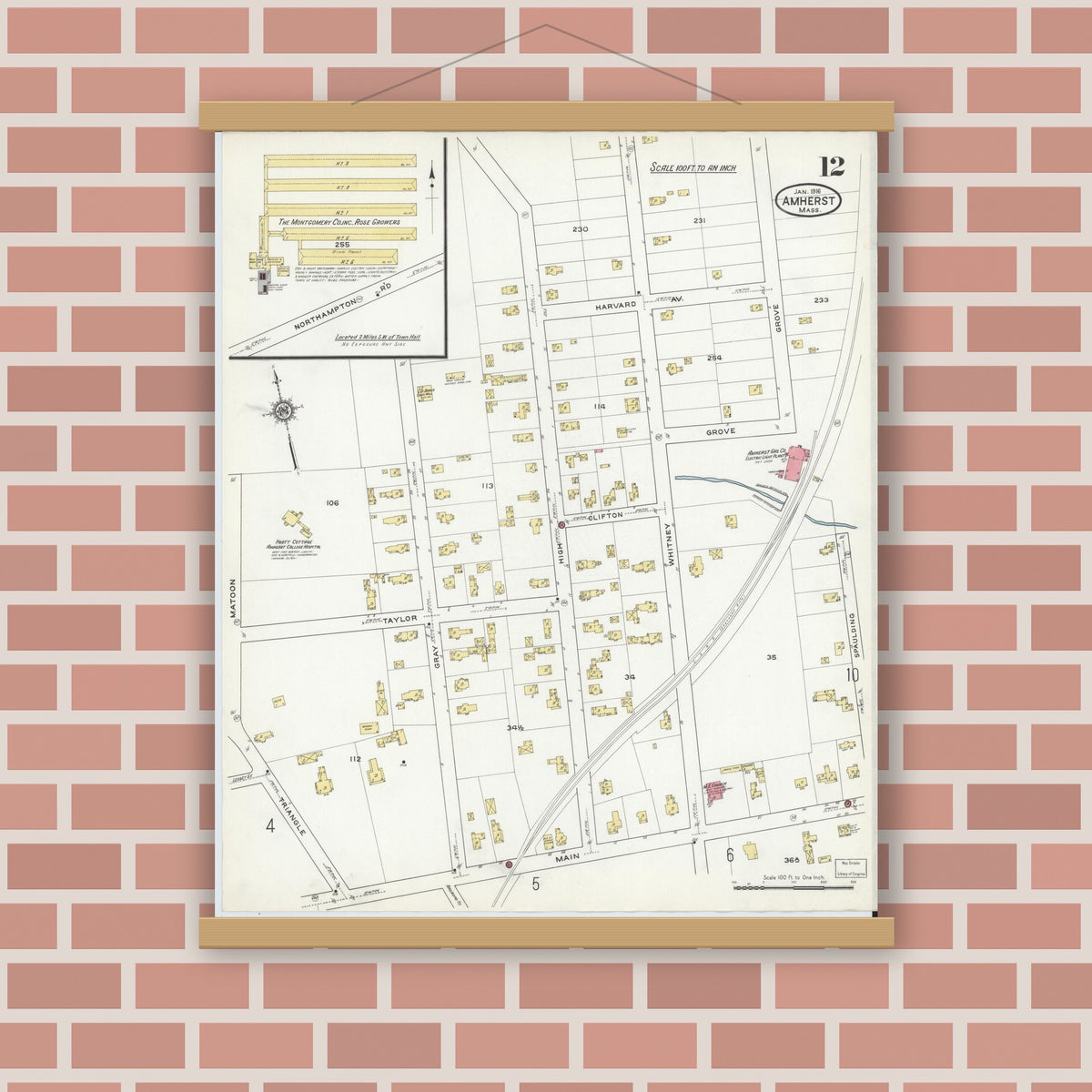 Old map wall art mockup — magnetic wood frame on brick wall — Sanborn Fire Insurance Map from Amherst, Hampshire County, Massachusetts (1916), Sheet #0012