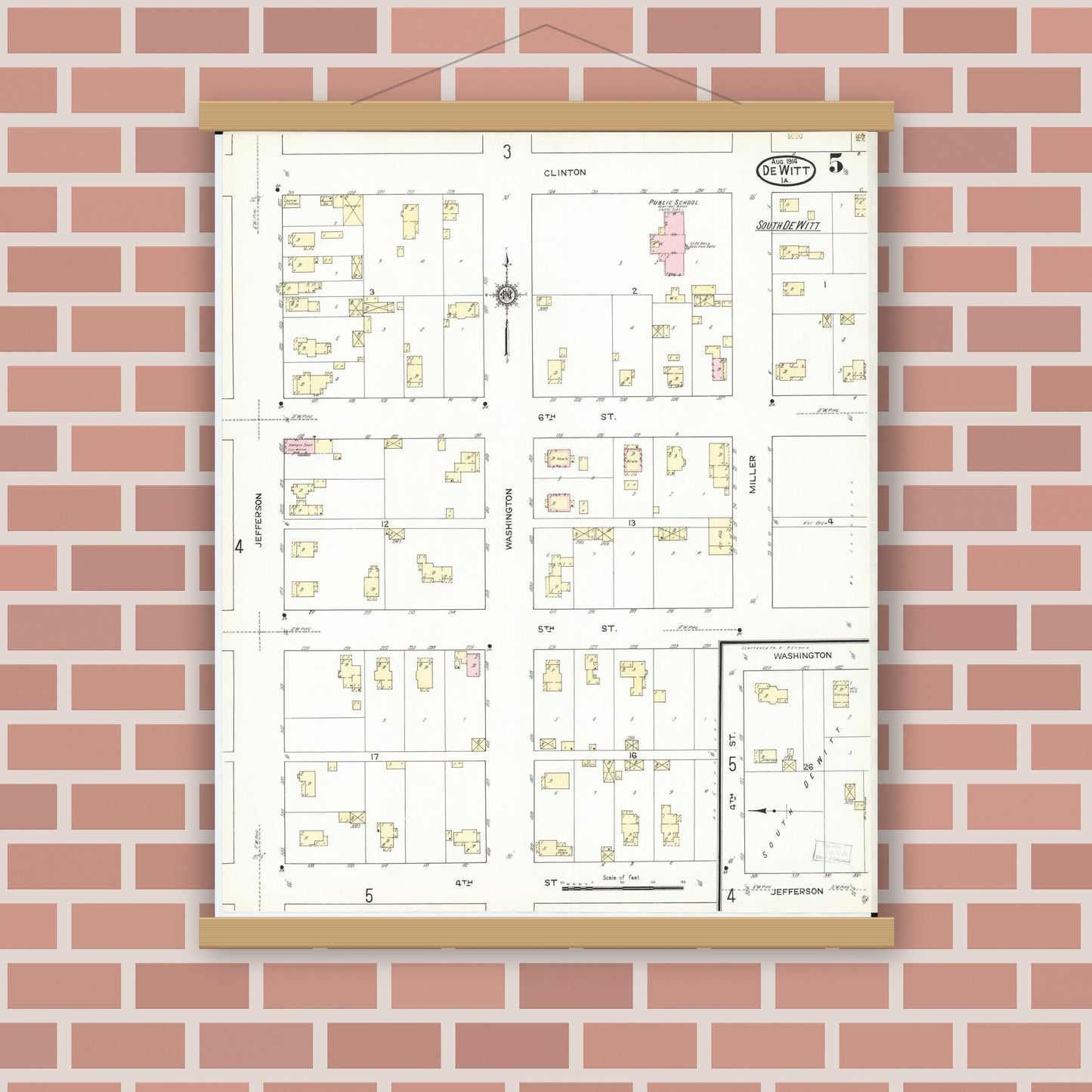 Old map wall art mockup — magnetic wood frame on brick wall — Sanborn Fire Insurance Map from De Witt, Clinton County, Iowa (1914), Sheet #0005
