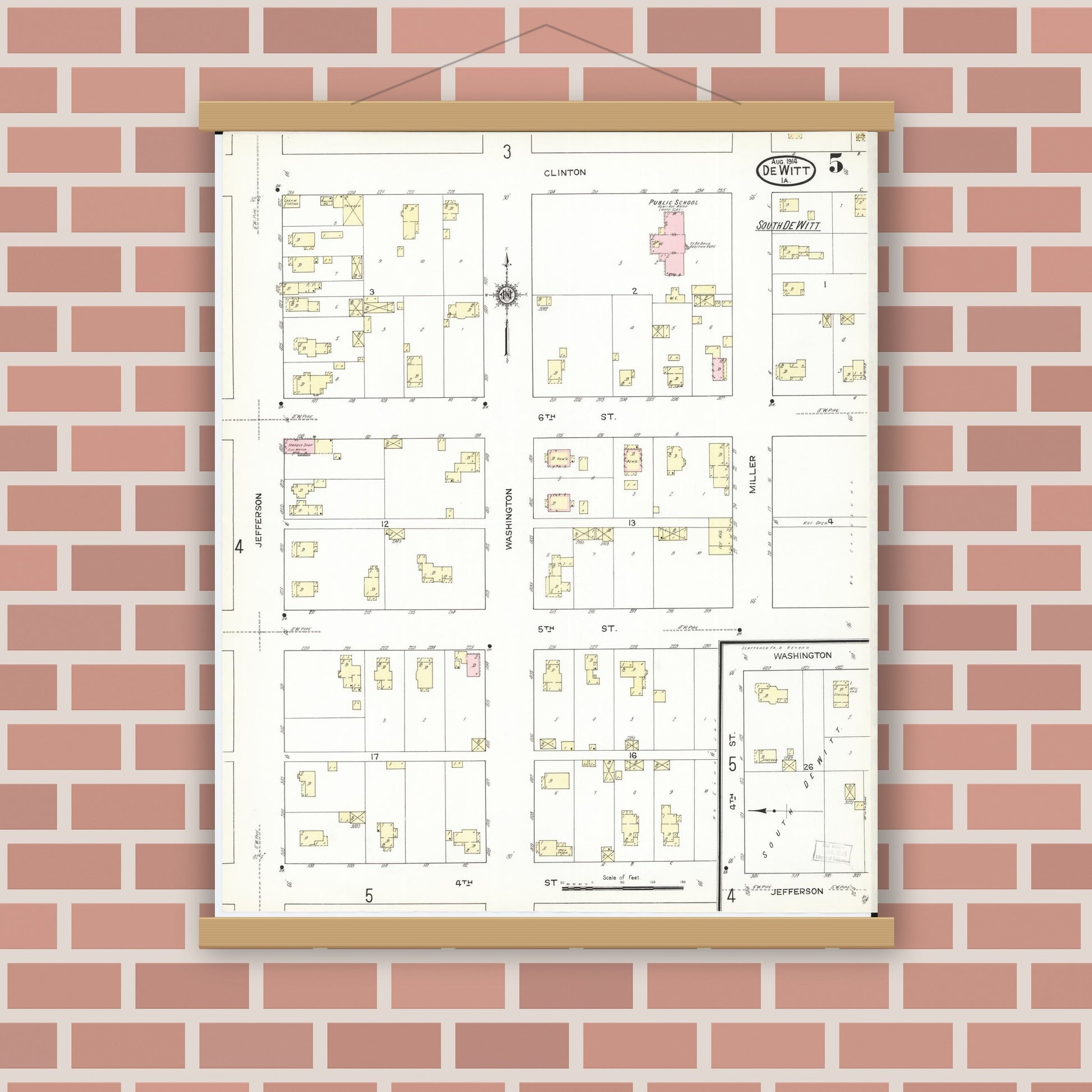 Old map wall art mockup — magnetic wood frame on brick wall — Sanborn Fire Insurance Map from De Witt, Clinton County, Iowa (1914), Sheet #0005