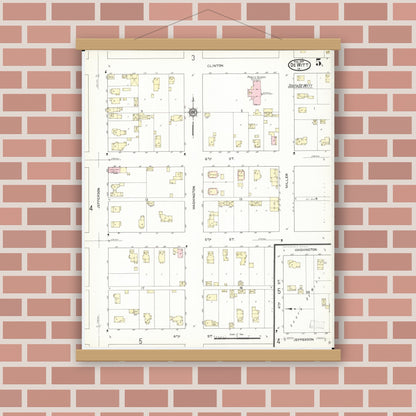 Old map wall art mockup — magnetic wood frame on brick wall — Sanborn Fire Insurance Map from De Witt, Clinton County, Iowa (1914), Sheet #0005