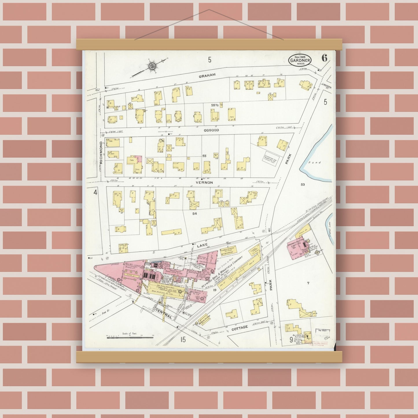 Old map wall art mockup — magnetic wood frame on brick wall — Sanborn Fire Insurance Map from Gardner, Worcester County, Massachusetts (1909), Sheet #0006