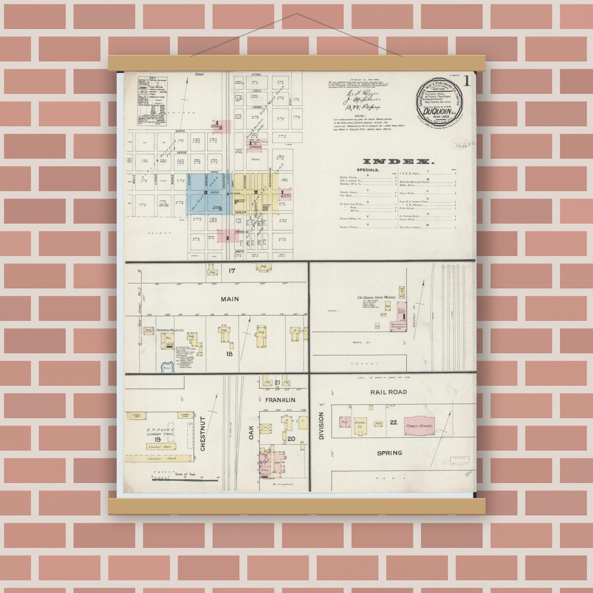 Old map wall art mockup — magnetic wood frame on brick wall — Sanborn Fire Insurance Map from Du Quoin, Perry County, Illinois (1888), Sheet #0001