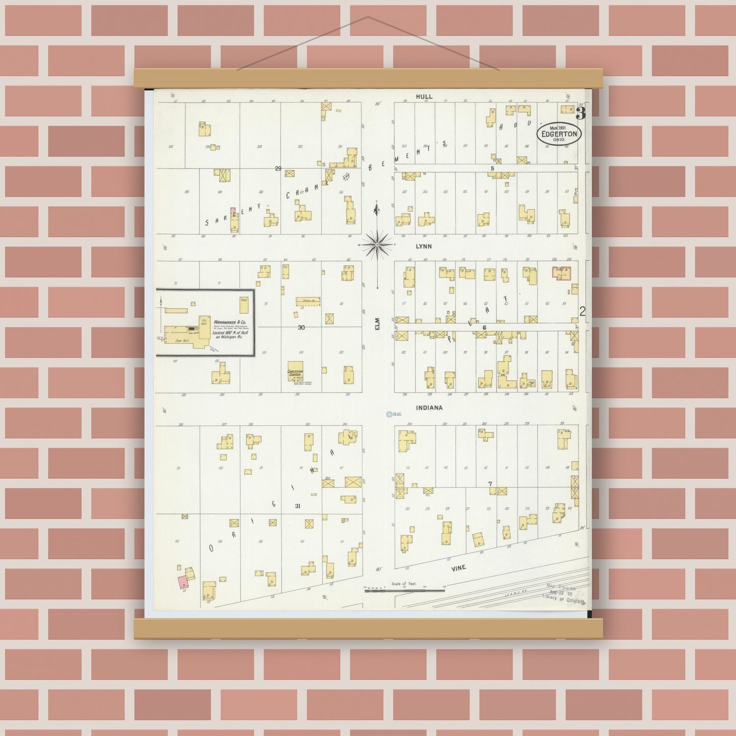 Old map wall art mockup — magnetic wood frame on brick wall — Sanborn Fire Insurance Map from Edgerton, Williams County, Ohio (1901), Sheet #0003