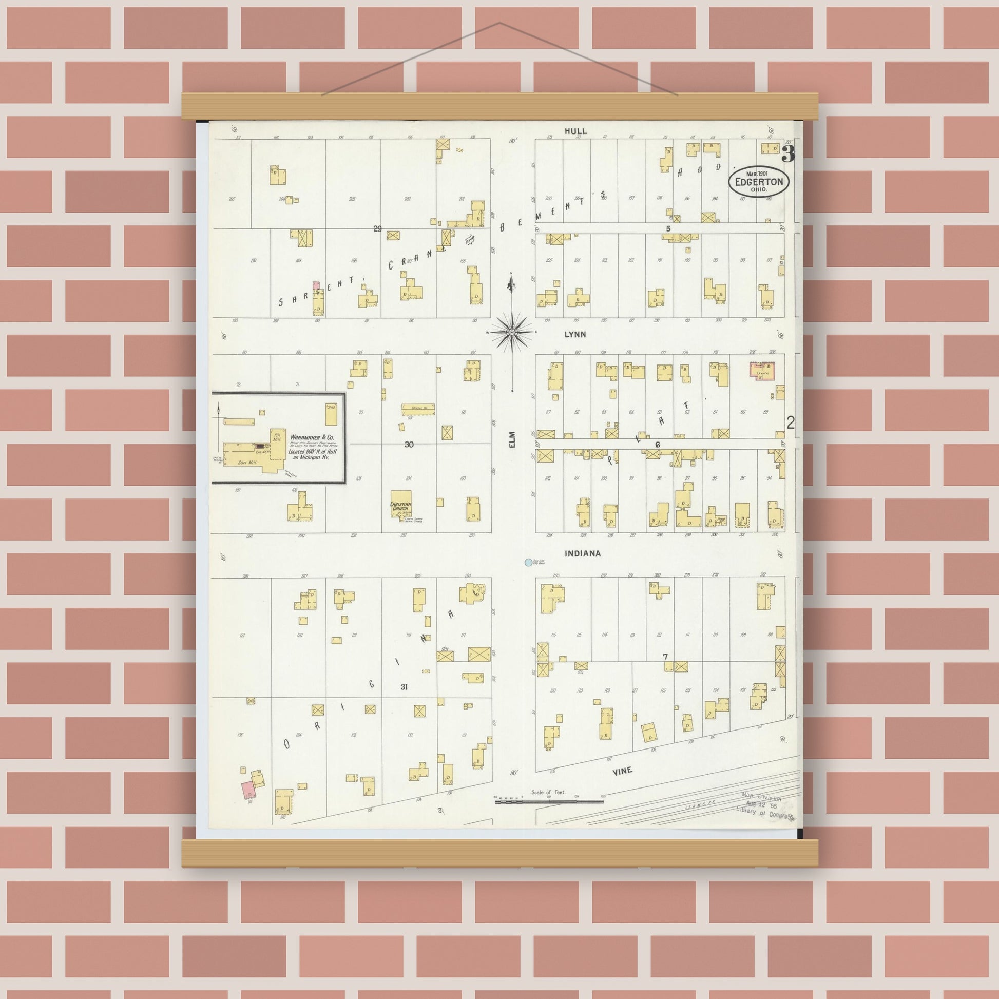Old map wall art mockup — magnetic wood frame on brick wall — Sanborn Fire Insurance Map from Edgerton, Williams County, Ohio (1901), Sheet #0003
