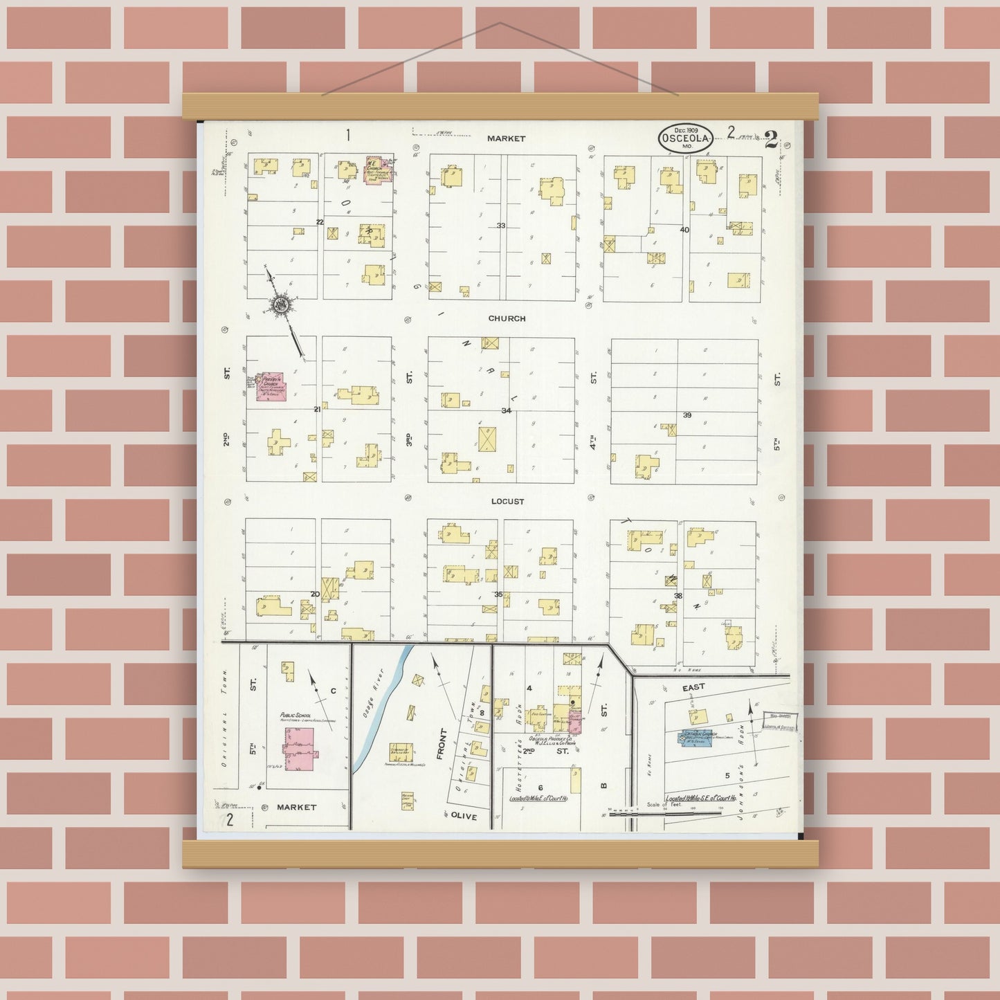 Old map wall art mockup — magnetic wood frame on brick wall — Sanborn Fire Insurance Map from Osceola, Saint Clair County, Missouri (1909), Sheet #0002