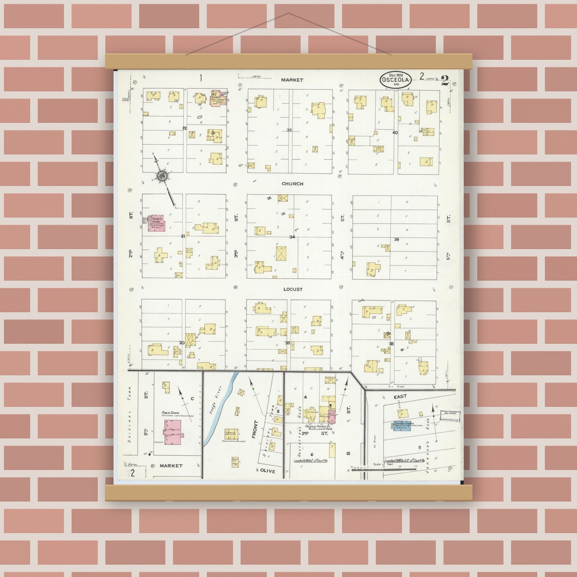 Old map wall art mockup — magnetic wood frame on brick wall — Sanborn Fire Insurance Map from Osceola, Saint Clair County, Missouri (1909), Sheet #0002