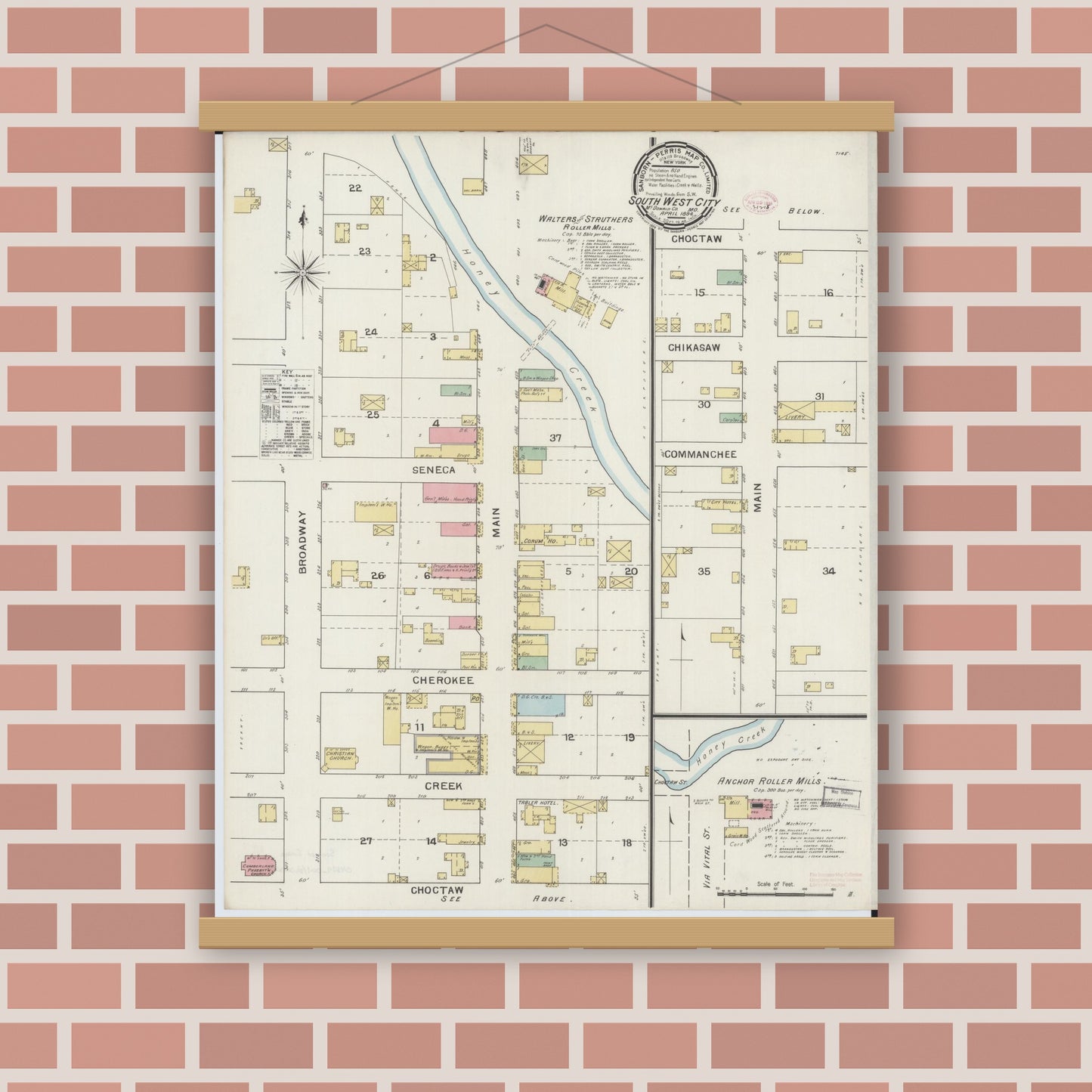 Old map wall art mockup — magnetic wood frame on brick wall — Sanborn Fire Insurance Map from Southwest City, Mcdonald County, Missouri (1894), Sheet #0001
