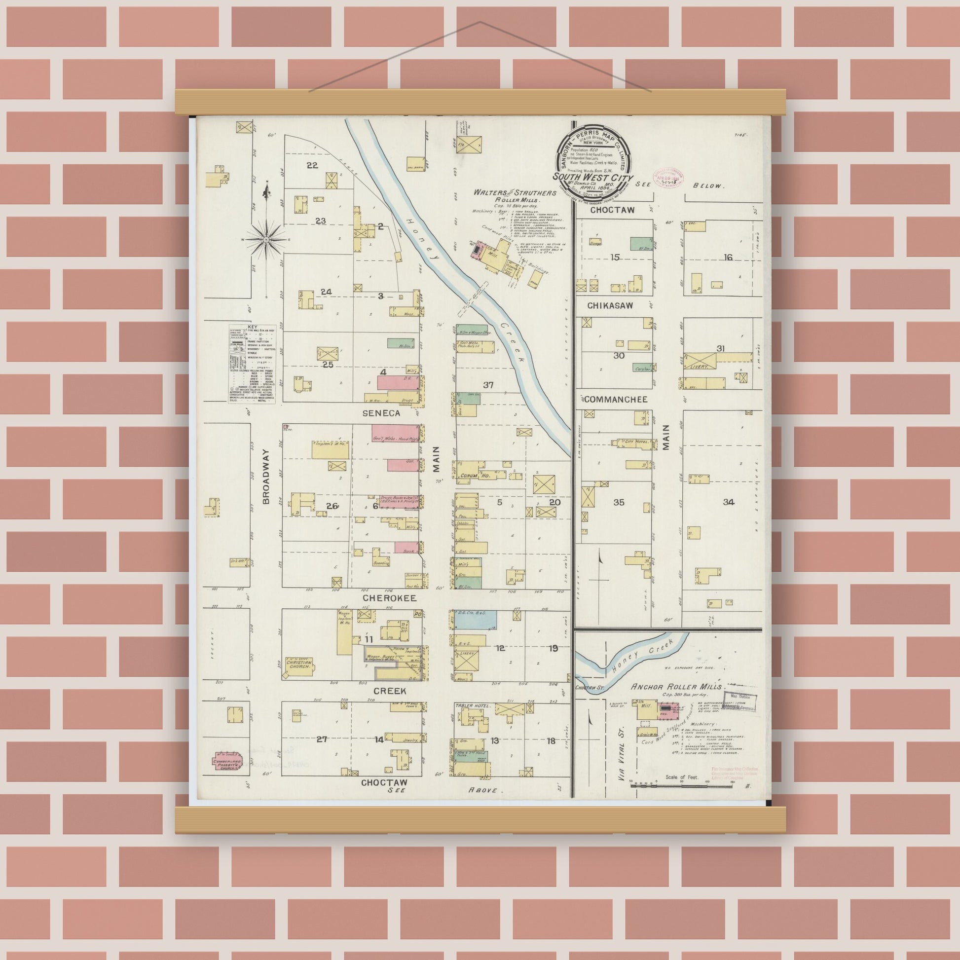 Old map wall art mockup — magnetic wood frame on brick wall — Sanborn Fire Insurance Map from Southwest City, Mcdonald County, Missouri (1894), Sheet #0001