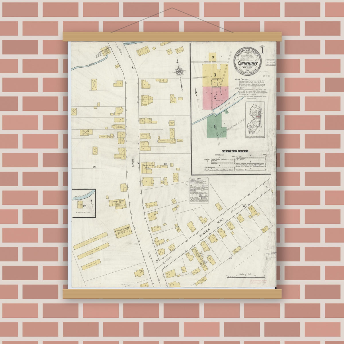 Old map wall art mockup — magnetic wood frame on brick wall — Sanborn Fire Insurance Map from Cranbury, Middlesex County, New Jersey (1916) - Complete Map Set