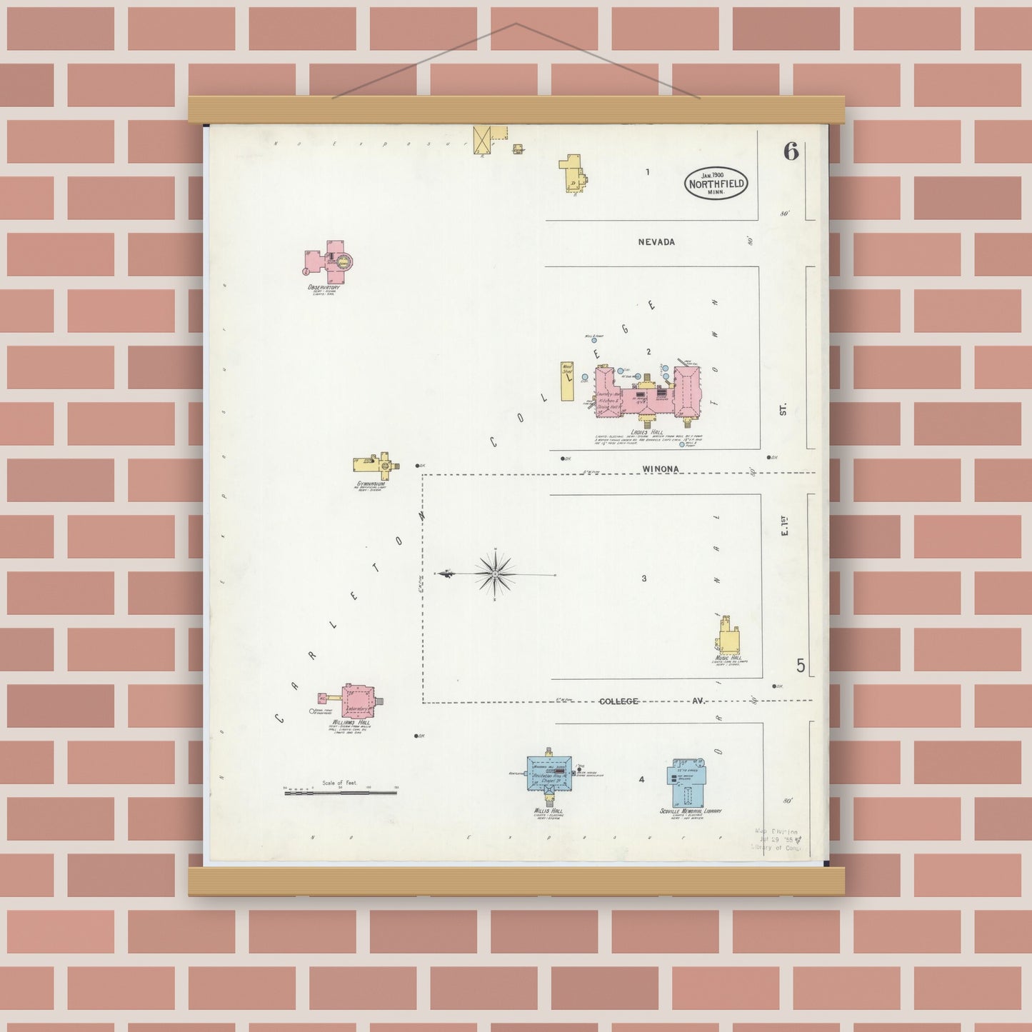 Old map wall art mockup — magnetic wood frame on brick wall — Sanborn Fire Insurance Map from Northfield, Rice County, Minnesota (1900), Sheet #0006