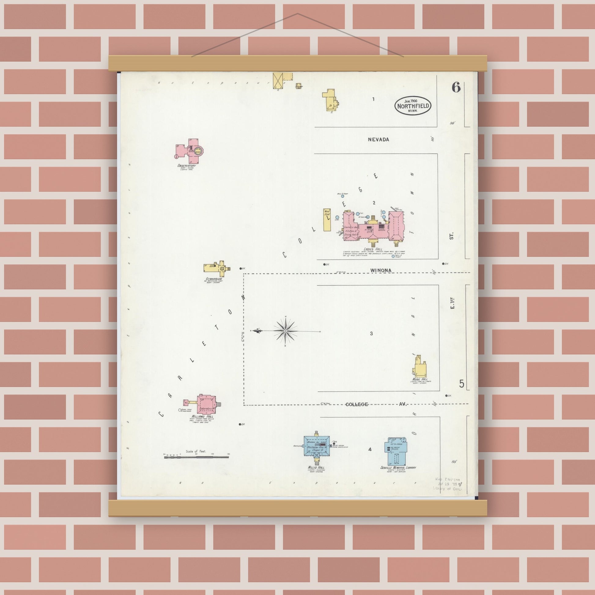 Old map wall art mockup — magnetic wood frame on brick wall — Sanborn Fire Insurance Map from Northfield, Rice County, Minnesota (1900), Sheet #0006