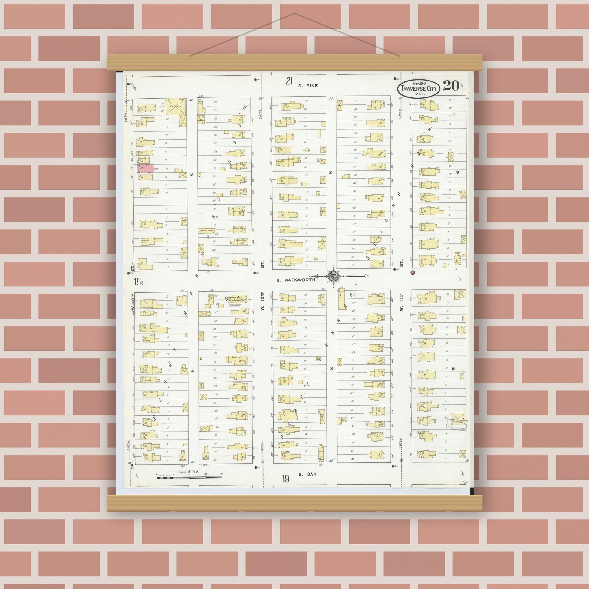 Old map wall art mockup — magnetic wood frame on brick wall — Sanborn Fire Insurance Map from Traverse City, Grand Traverse County, Michigan (1910), Sheet #0020