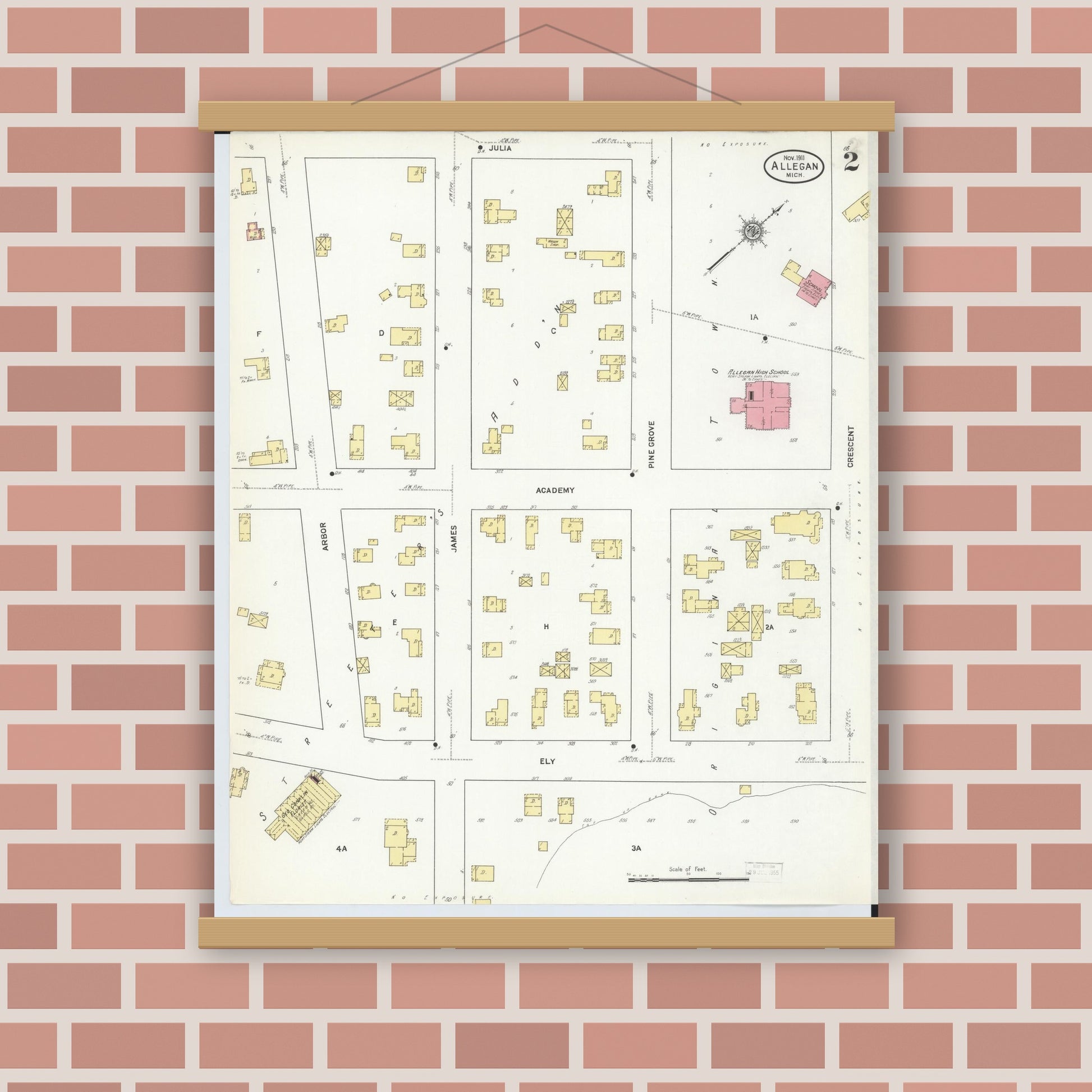 Old map wall art mockup — magnetic wood frame on brick wall — Sanborn Fire Insurance Map from Allegan, Allegan County, Michigan (1911), Sheet #0002
