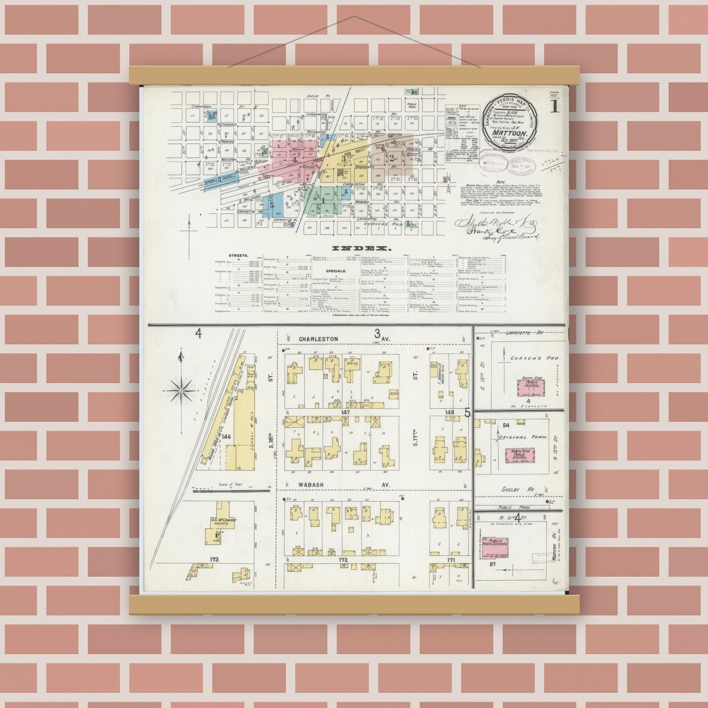 Old map wall art mockup — magnetic wood frame on brick wall — Sanborn Fire Insurance Map from Mattoon, Coles County, Illinois (1897), Sheet #0001