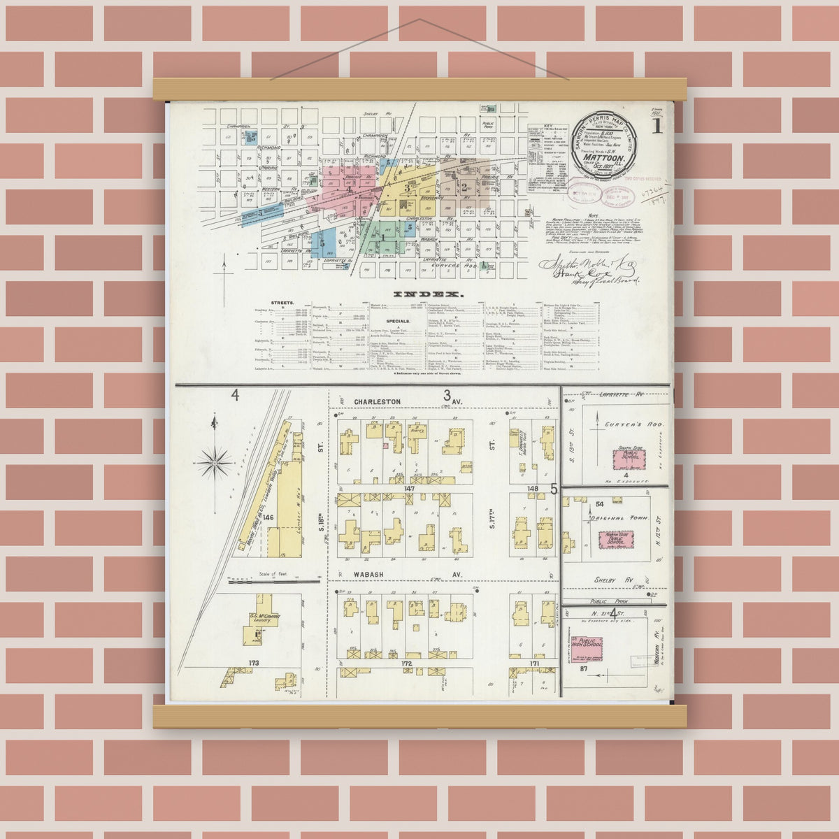 Old map wall art mockup — magnetic wood frame on brick wall — Sanborn Fire Insurance Map from Mattoon, Coles County, Illinois (1897), Sheet #0001
