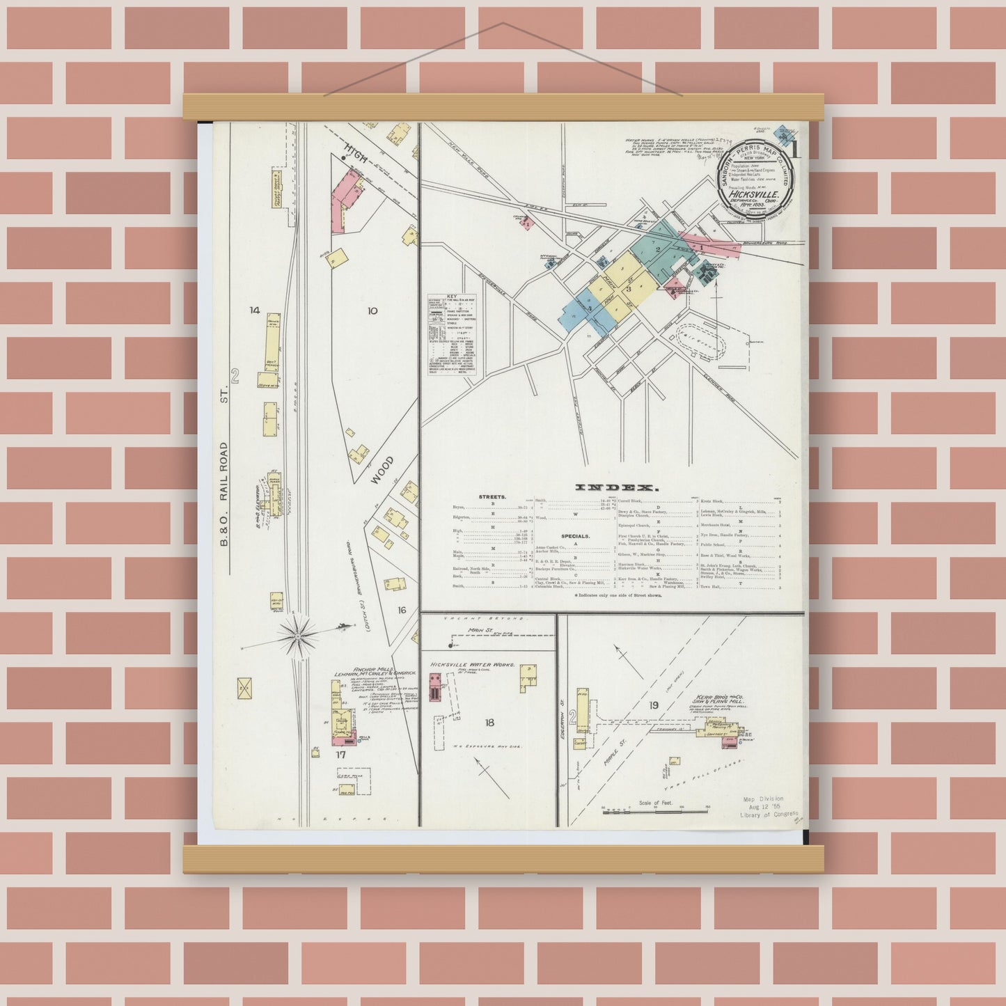 Old map wall art mockup — magnetic wood frame on brick wall — Sanborn Fire Insurance Map from Hicksville, Defiance County, Ohio (1893) - Complete Map Set