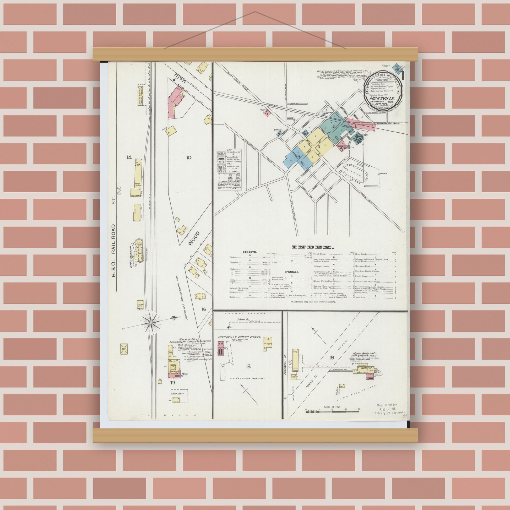 Old map wall art mockup — magnetic wood frame on brick wall — Sanborn Fire Insurance Map from Hicksville, Defiance County, Ohio (1893) - Complete Map Set