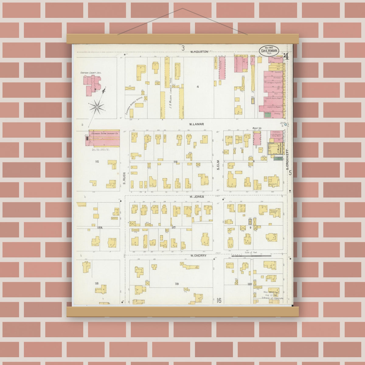Old map wall art mockup — magnetic wood frame on brick wall — Sanborn Fire Insurance Map from Sherman, Grayson County, Texas (1902), Sheet #0004