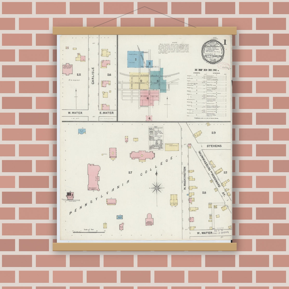 Old map wall art mockup — magnetic wood frame on brick wall — Sanborn Fire Insurance Map from Gettysburg, Adams County, Pennsylvania (1891) - Complete Map Set