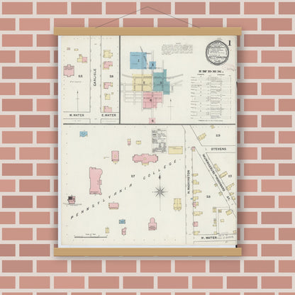 Old map wall art mockup — magnetic wood frame on brick wall — Sanborn Fire Insurance Map from Gettysburg, Adams County, Pennsylvania (1891) - Complete Map Set