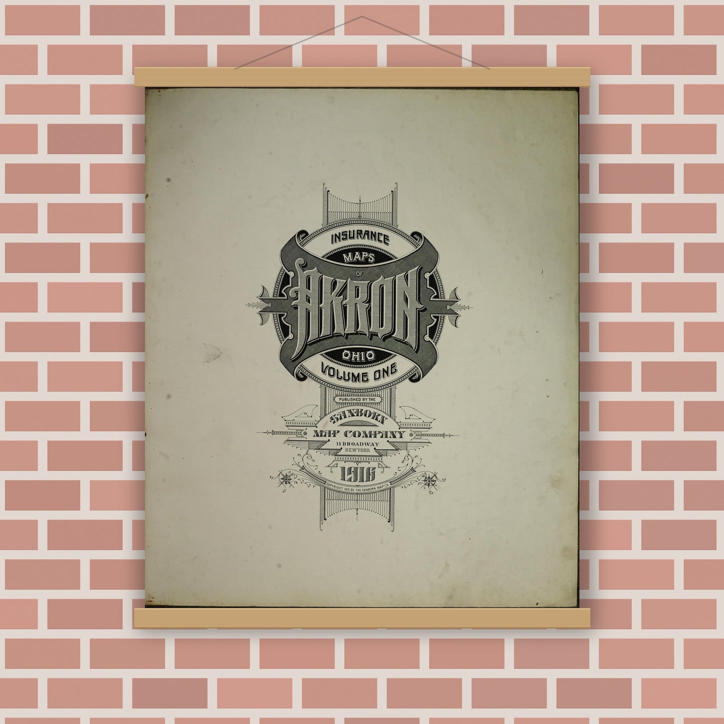 Old map wall art mockup — magnetic wood frame on brick wall — Sanborn Fire Insurance Map from Akron, Summit County, Ohio (1916), Sheet #0001