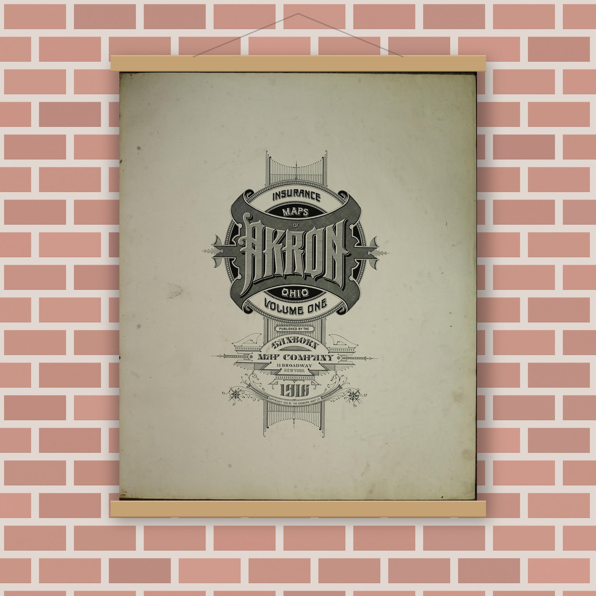Old map wall art mockup — magnetic wood frame on brick wall — Sanborn Fire Insurance Map from Akron, Summit County, Ohio (1916), Sheet #0001