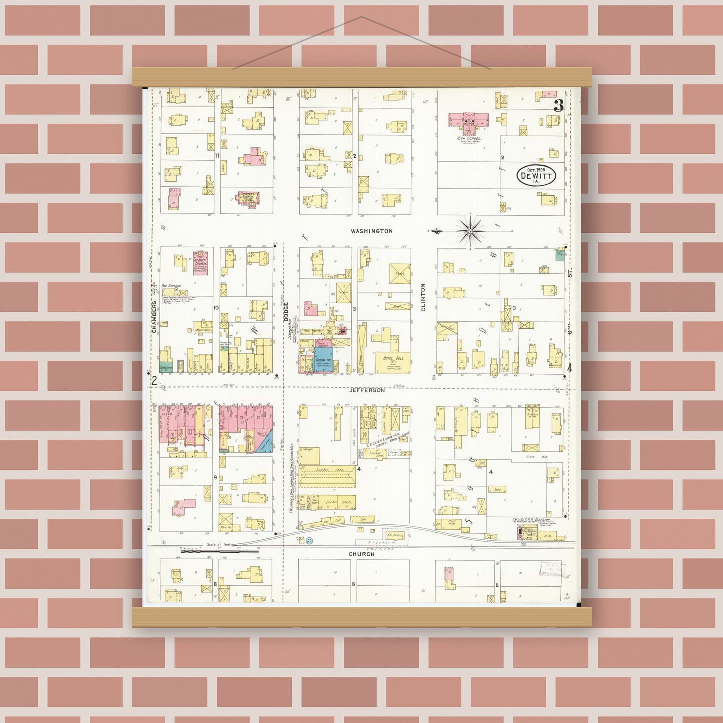 Old map wall art mockup — magnetic wood frame on brick wall — Sanborn Fire Insurance Map from De Witt, Clinton County, Iowa (1905), Sheet #0003