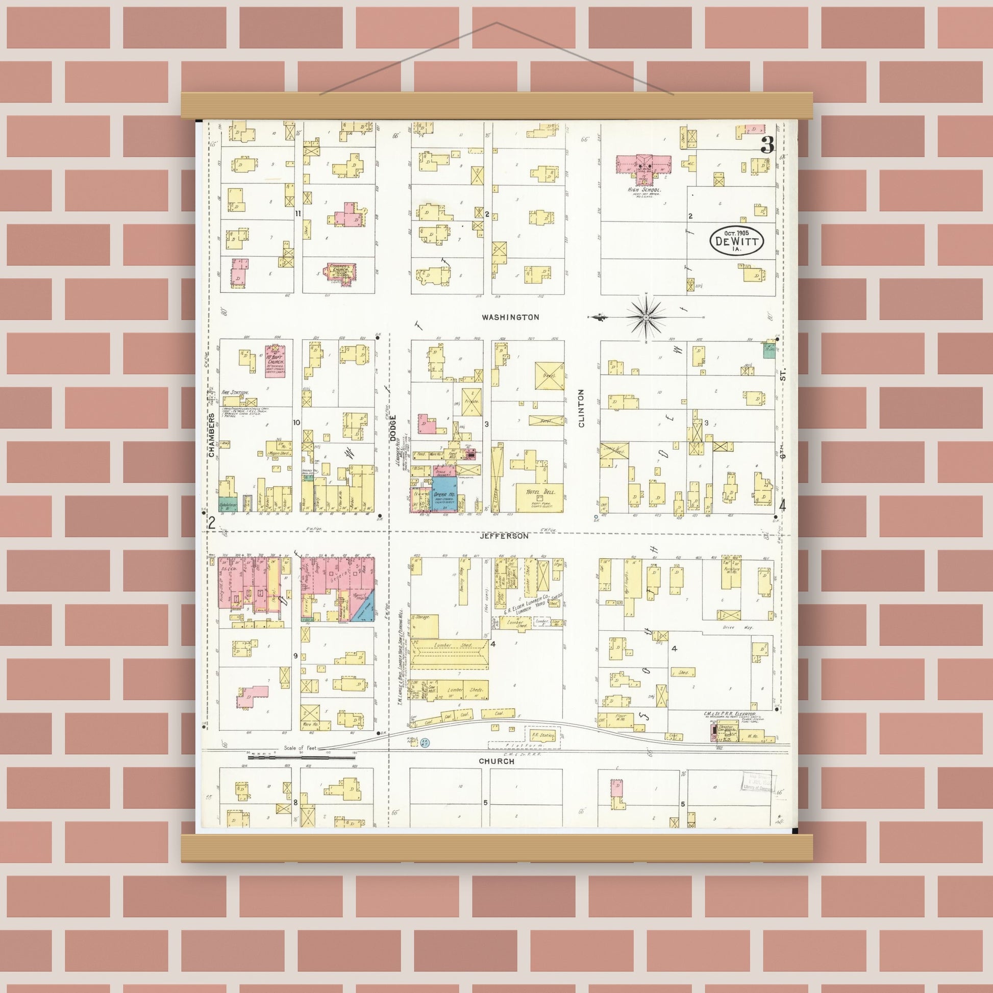 Old map wall art mockup — magnetic wood frame on brick wall — Sanborn Fire Insurance Map from De Witt, Clinton County, Iowa (1905), Sheet #0003
