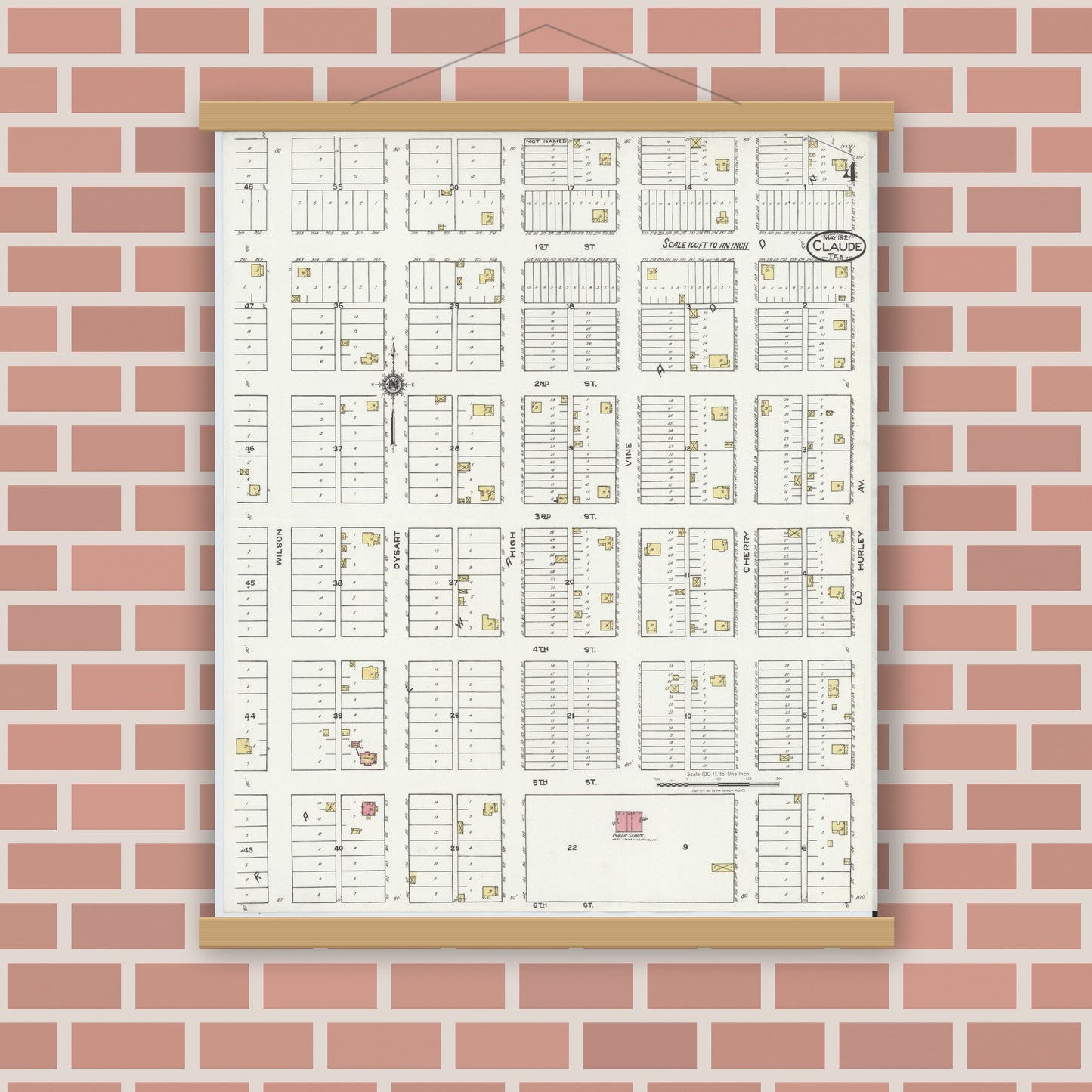Old map wall art mockup — magnetic wood frame on brick wall — Sanborn Fire Insurance Map from Claude, Armstrong County, Texas (1921), Sheet #0004