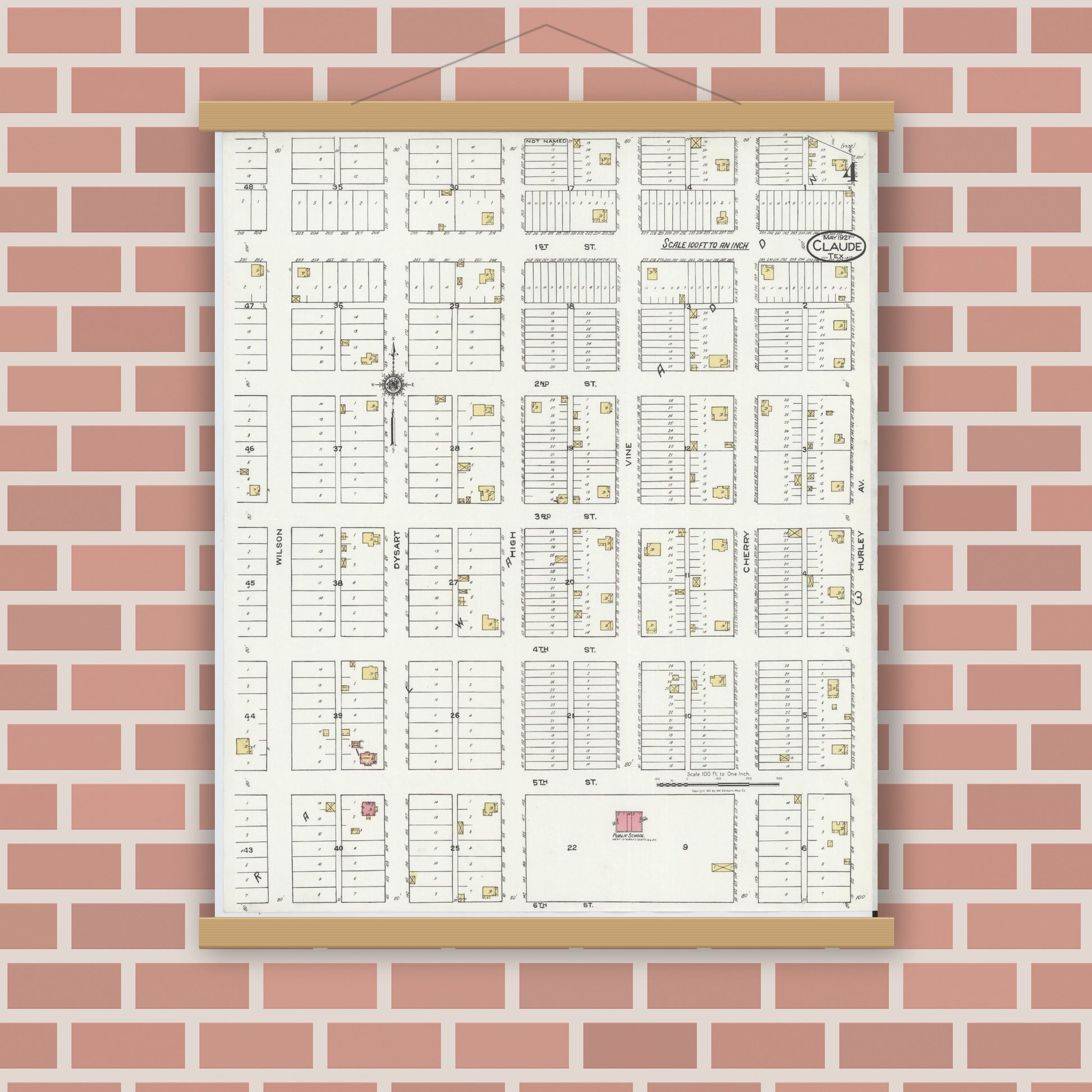 Old map wall art mockup — magnetic wood frame on brick wall — Sanborn Fire Insurance Map from Claude, Armstrong County, Texas (1921), Sheet #0004