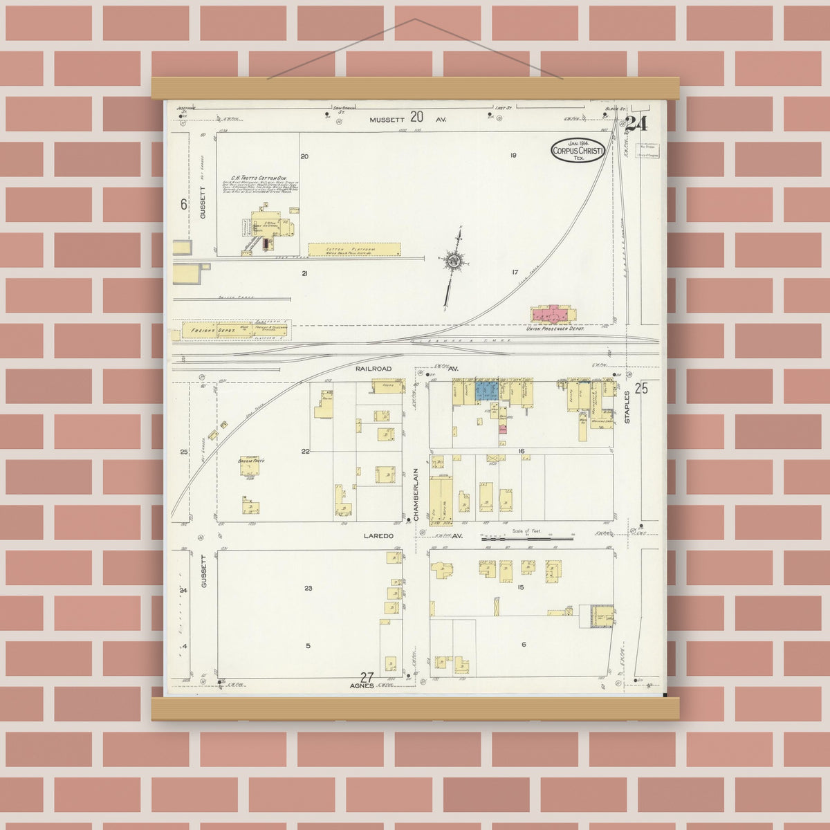 Old map wall art mockup — magnetic wood frame on brick wall — Sanborn Fire Insurance Map from Corpus Christi, Nueces County, Texas (1914), Sheet #0024