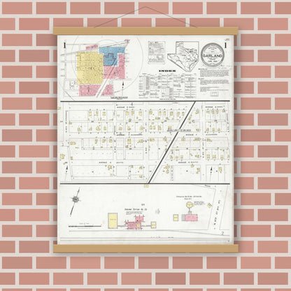Old map wall art mockup — magnetic wood frame on brick wall — Sanborn Fire Insurance Map from Garland, Dallas County, Texas (1928) - Complete Map Set