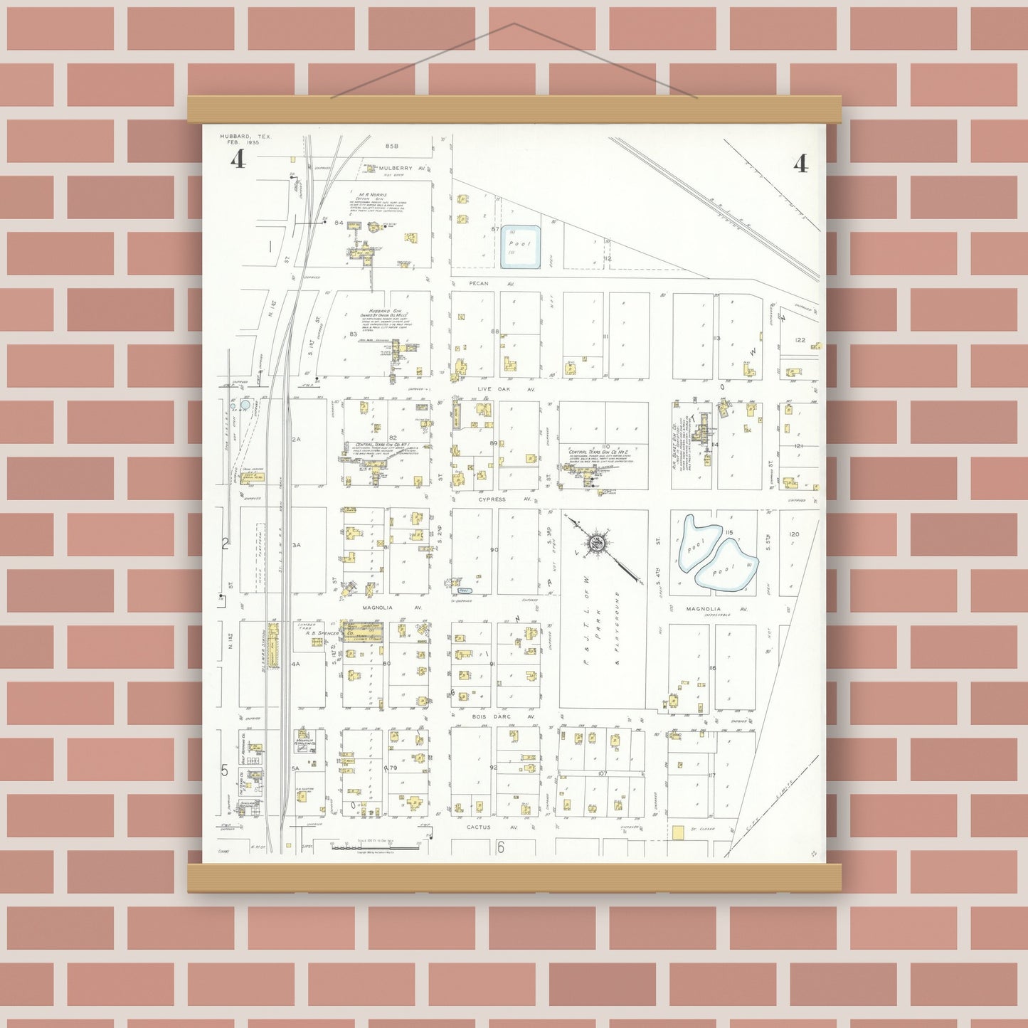 Old map wall art mockup — magnetic wood frame on brick wall — Sanborn Fire Insurance Map from Hubbard, Hill County, Texas (1935), Sheet #0004
