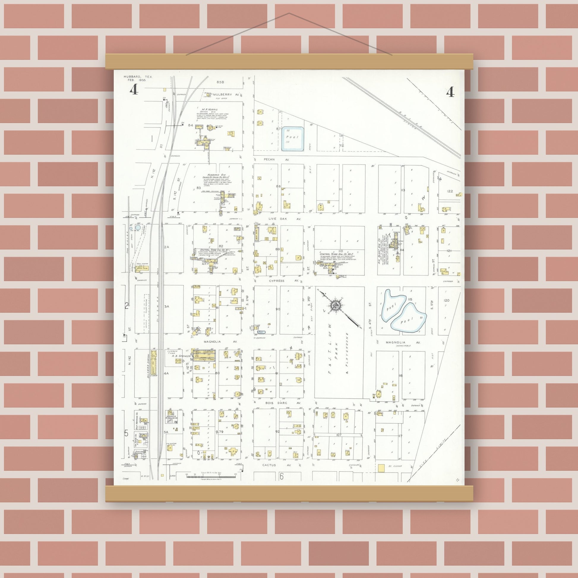 Old map wall art mockup — magnetic wood frame on brick wall — Sanborn Fire Insurance Map from Hubbard, Hill County, Texas (1935), Sheet #0004