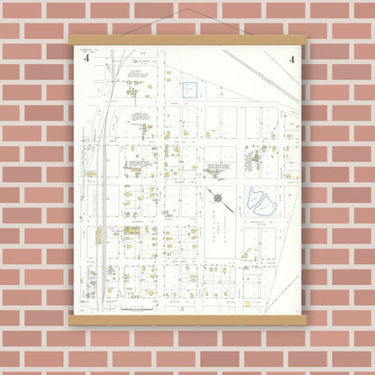 Old map wall art mockup — magnetic wood frame on brick wall — Sanborn Fire Insurance Map from Hubbard, Hill County, Texas (1935), Sheet #0004