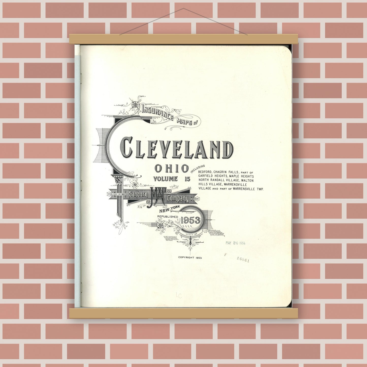 Old map wall art mockup — magnetic wood frame on brick wall — Sanborn Fire Insurance Map from Cleveland, Cuyahoga County, Ohio (1953), Sheet #0001