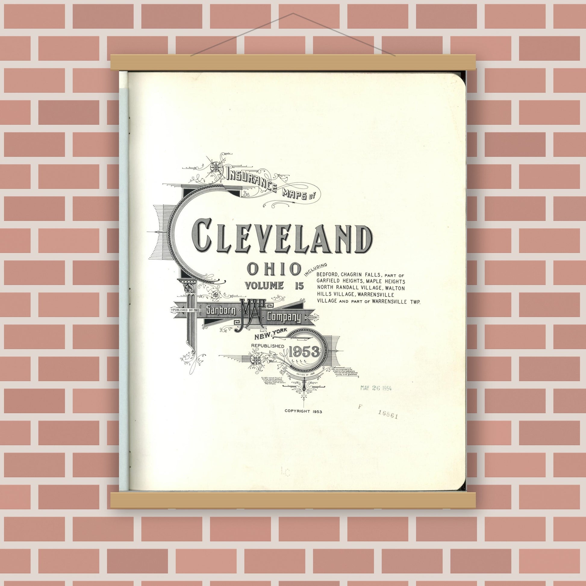Old map wall art mockup — magnetic wood frame on brick wall — Sanborn Fire Insurance Map from Cleveland, Cuyahoga County, Ohio (1953), Sheet #0001