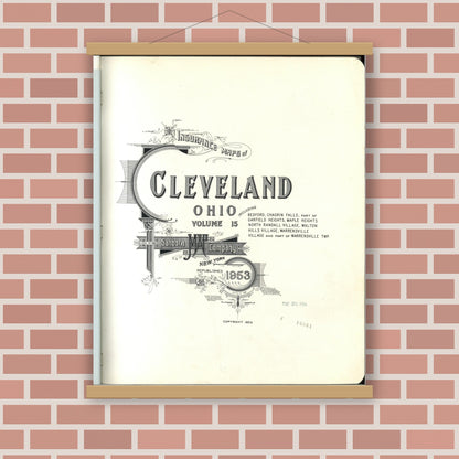 Old map wall art mockup — magnetic wood frame on brick wall — Sanborn Fire Insurance Map from Cleveland, Cuyahoga County, Ohio (1953), Sheet #0001