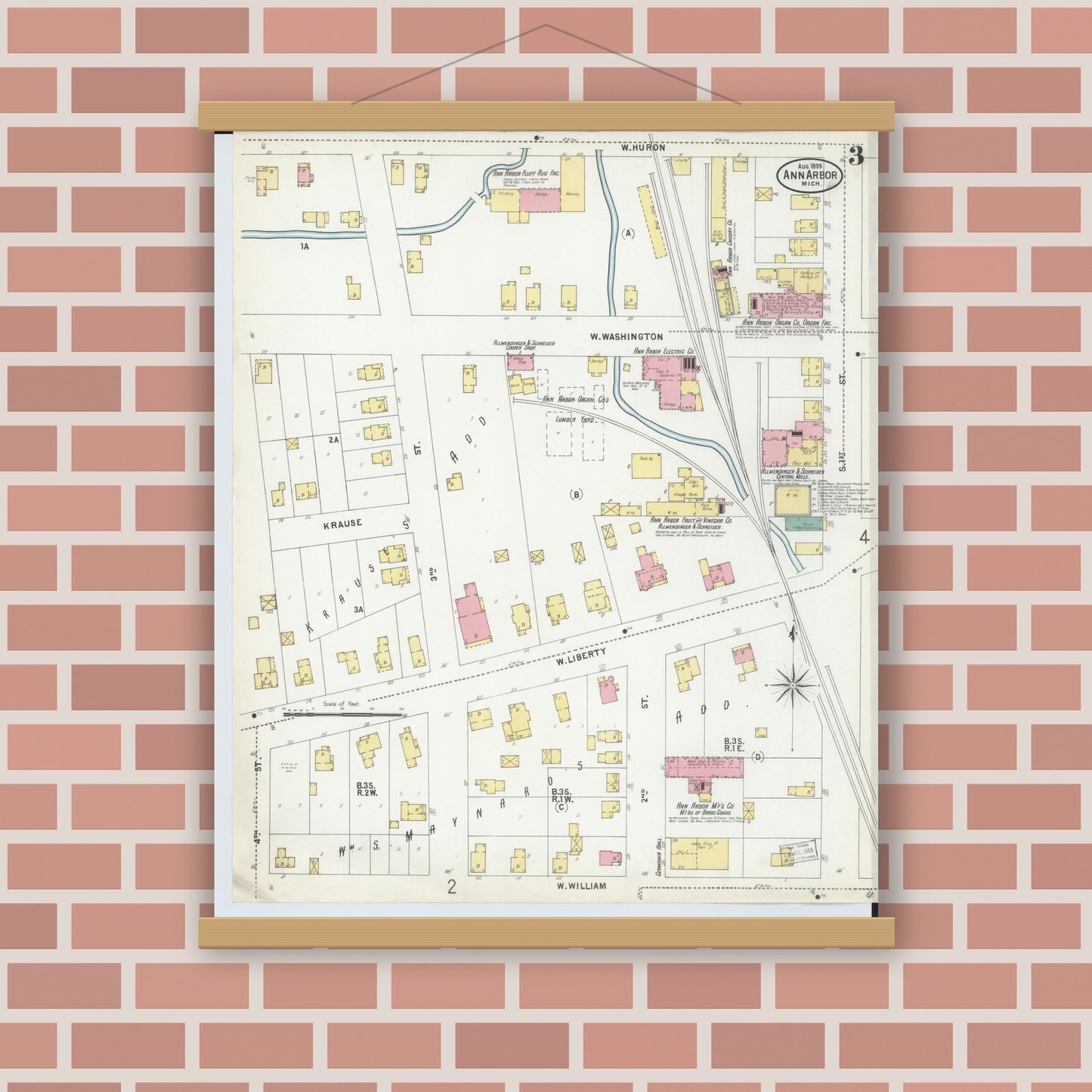 Old map wall art mockup — magnetic wood frame on brick wall — Sanborn Fire Insurance Map from Ann Arbor, Washtenaw County, Michigan (1899), Sheet #0003
