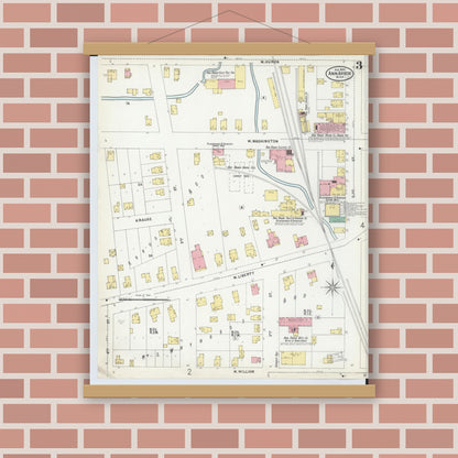 Old map wall art mockup — magnetic wood frame on brick wall — Sanborn Fire Insurance Map from Ann Arbor, Washtenaw County, Michigan (1899), Sheet #0003