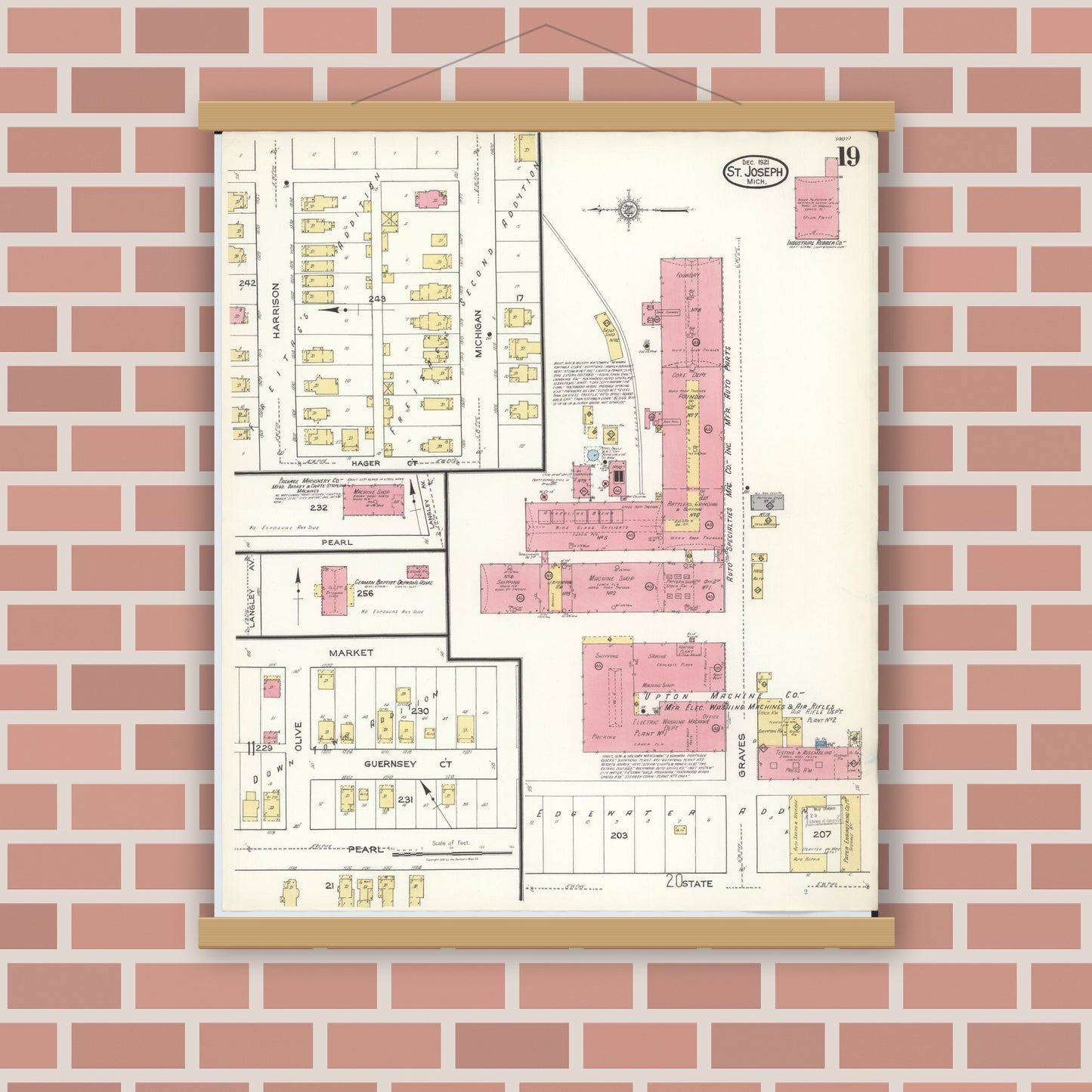 Old map wall art mockup — magnetic wood frame on brick wall — Sanborn Fire Insurance Map from Saint Joseph, Berrien County, Michigan (1921), Sheet #0019